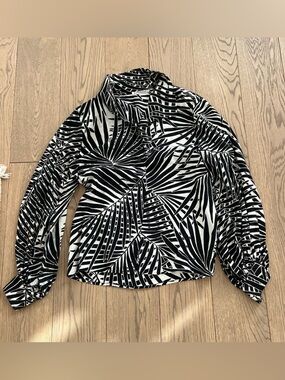 Saint Laurent Rive Gauche Silk Black White Tropical Print Button Up Blouse Fit S